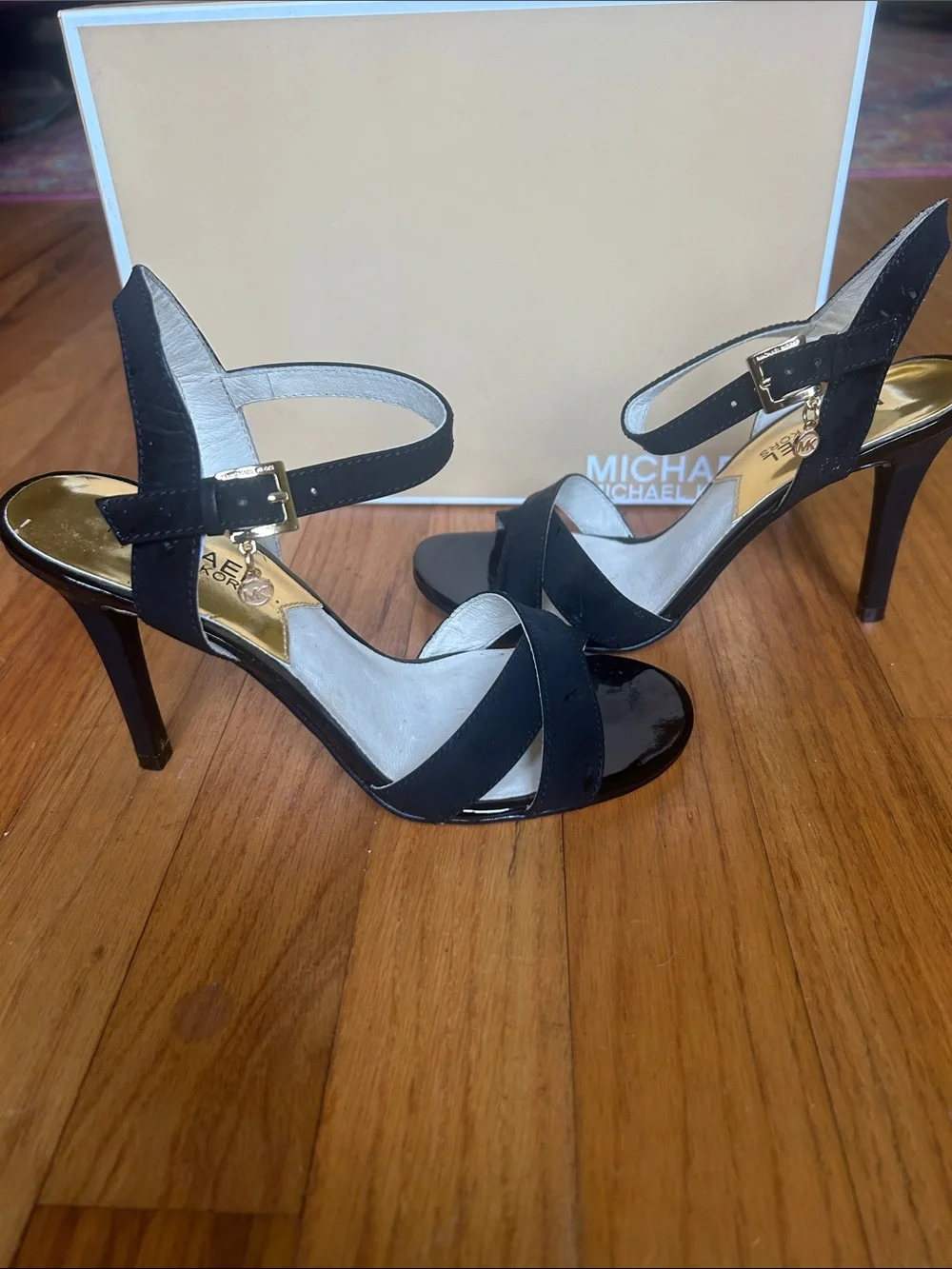 Michael Kors Black Patent & Leather Crisscross Ankle-Strap Heels